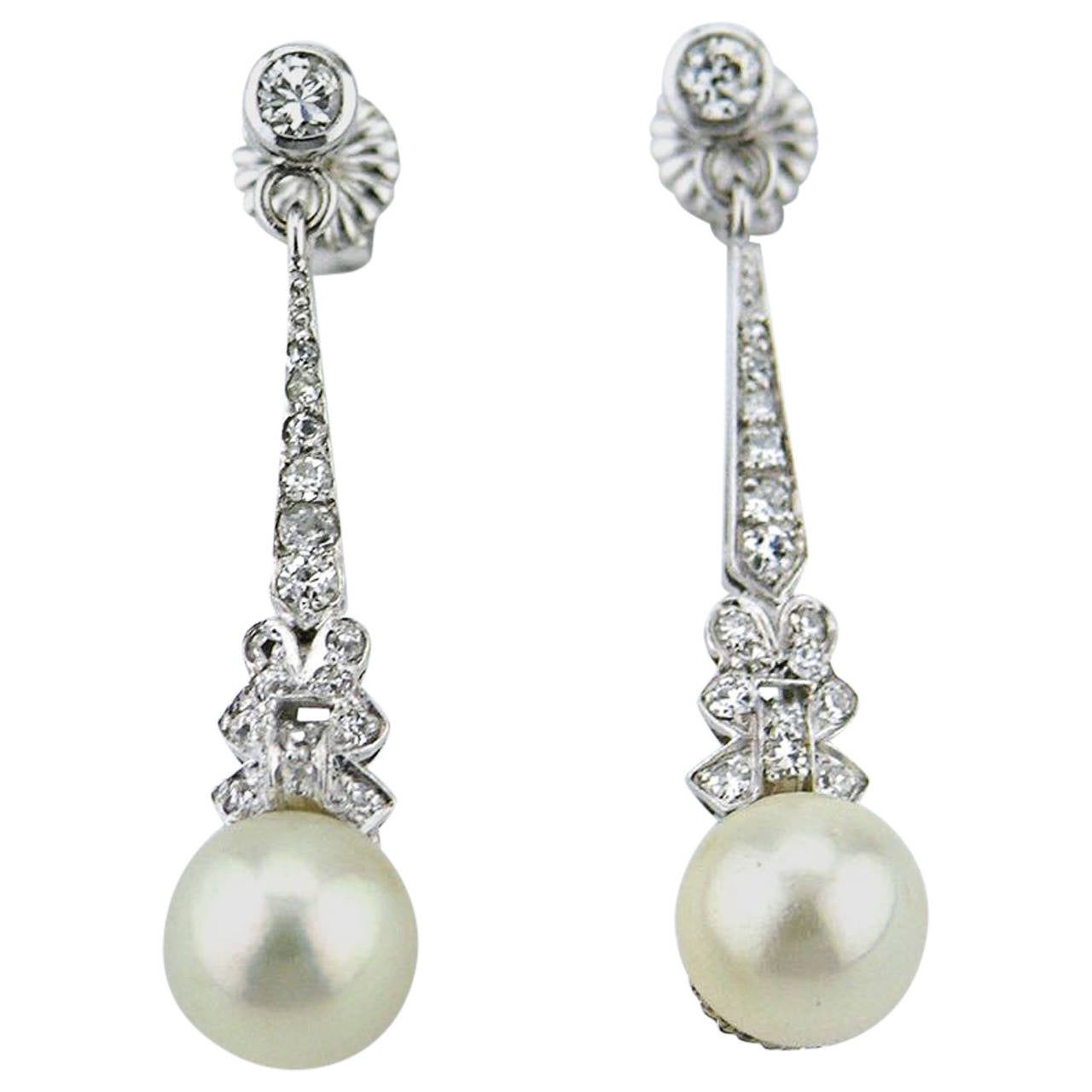 Pearl Diamond Gold Drop Earrings For Sale