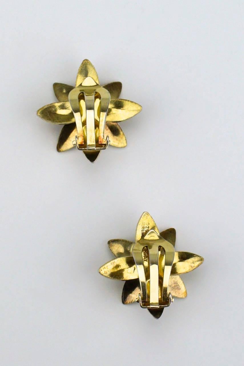 1960s enamel silver modernist flower design clip earrings 1