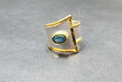 Yianni Creations Blue Topaz Fine Silver 24 Karat Gold Two Tone Wide Band Ring