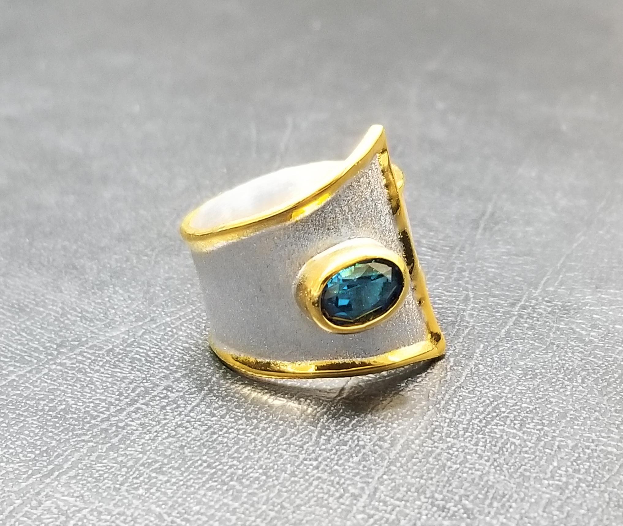 Women's Yianni Creations Blue Topaz Fine Silver 24 Karat Gold Two Tone Wide Band Ring For Sale