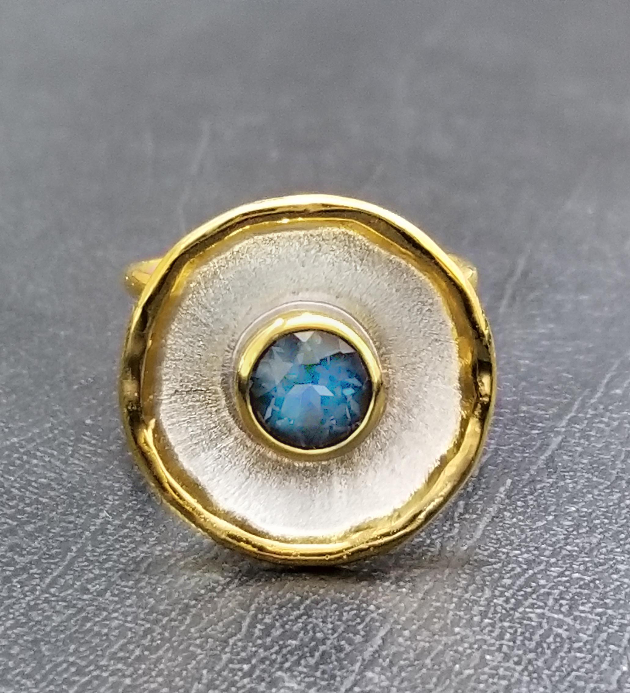 Women's Yianni Creations Blue Topaz Fine Silver and 24 Karat Gold Two Tone Round Ring