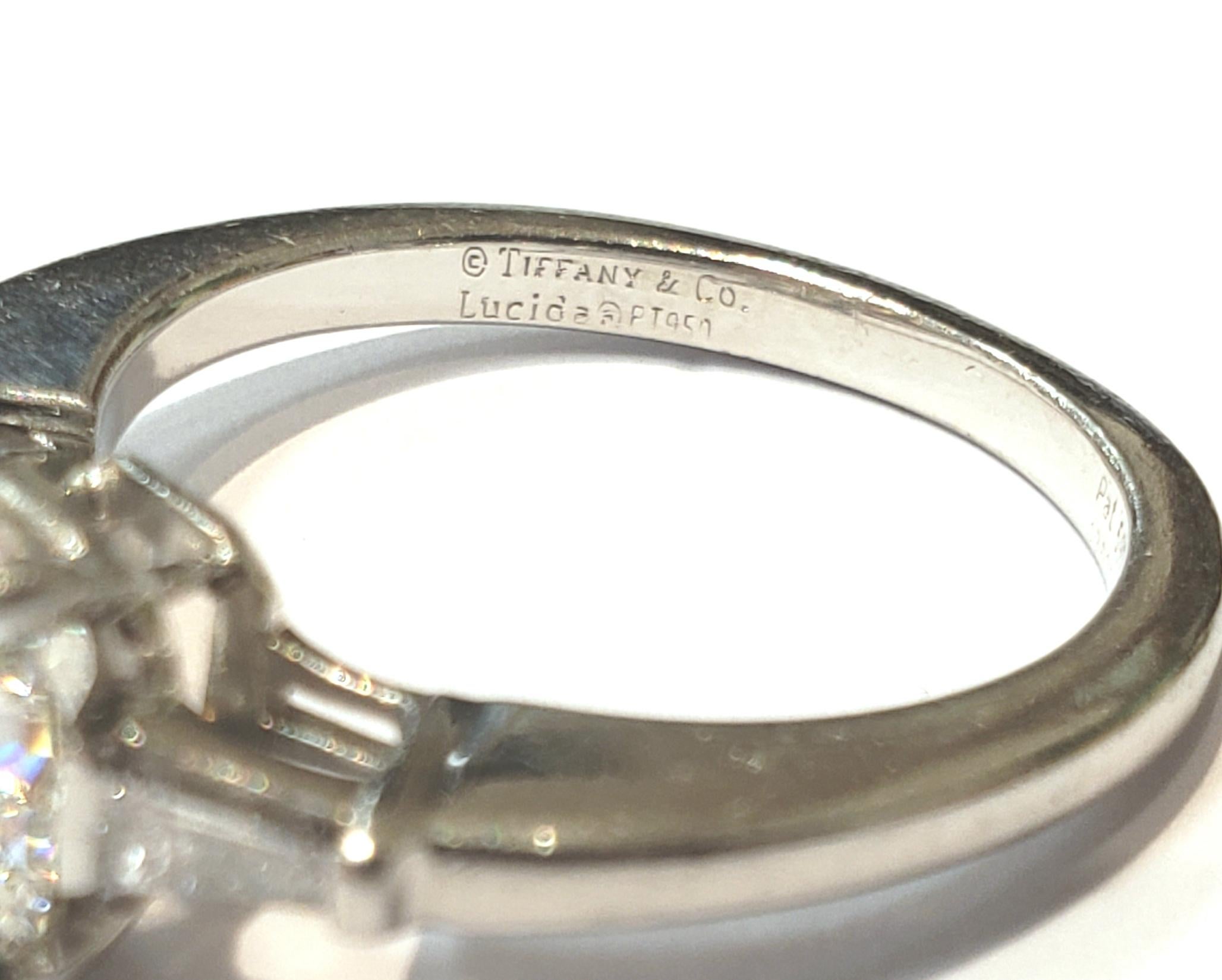 Cushion Cut Tiffany & Co. Lucida Diamond Ring, Set in Platinum with Tapered Baguettes