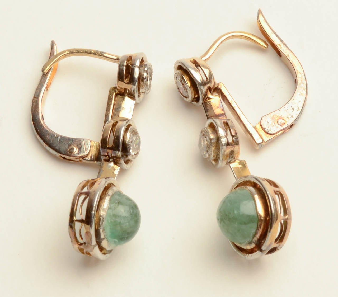 Cabochon Emerald and Diamonds Antique Drop Earrings