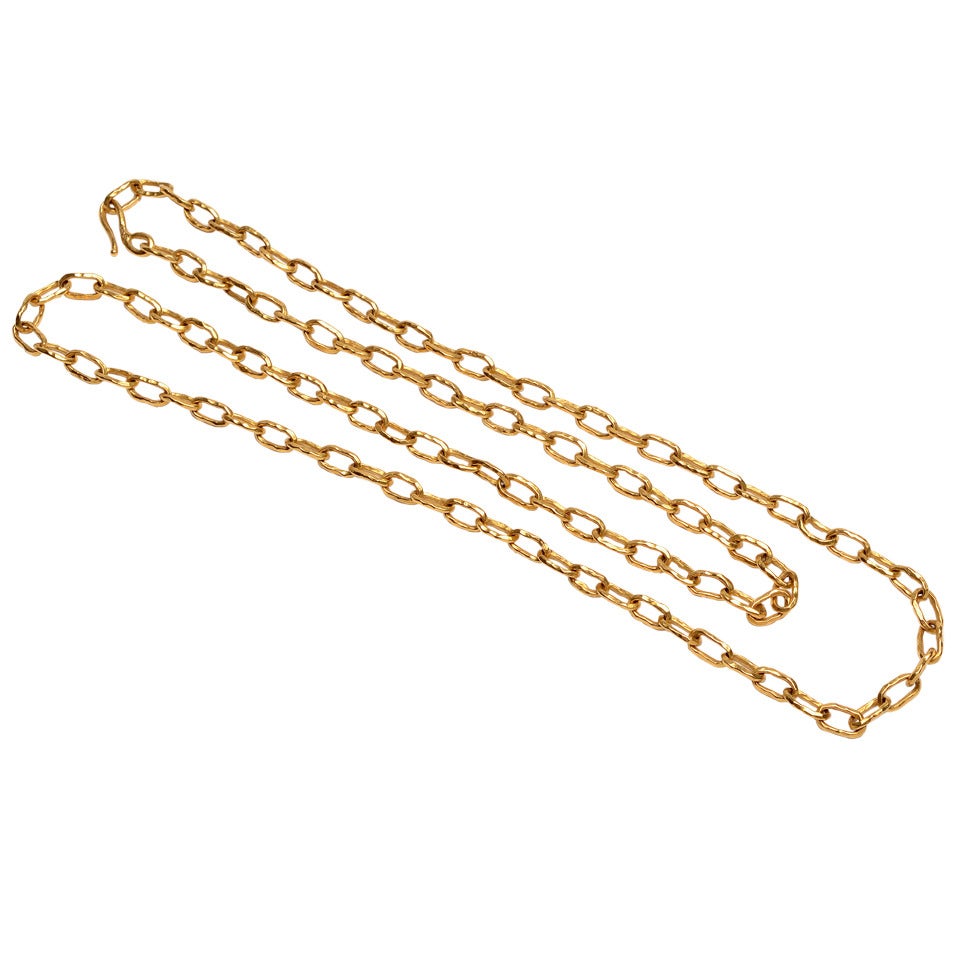 French Long Gold Hammered Link Chain Necklace at 1stDibs french link
