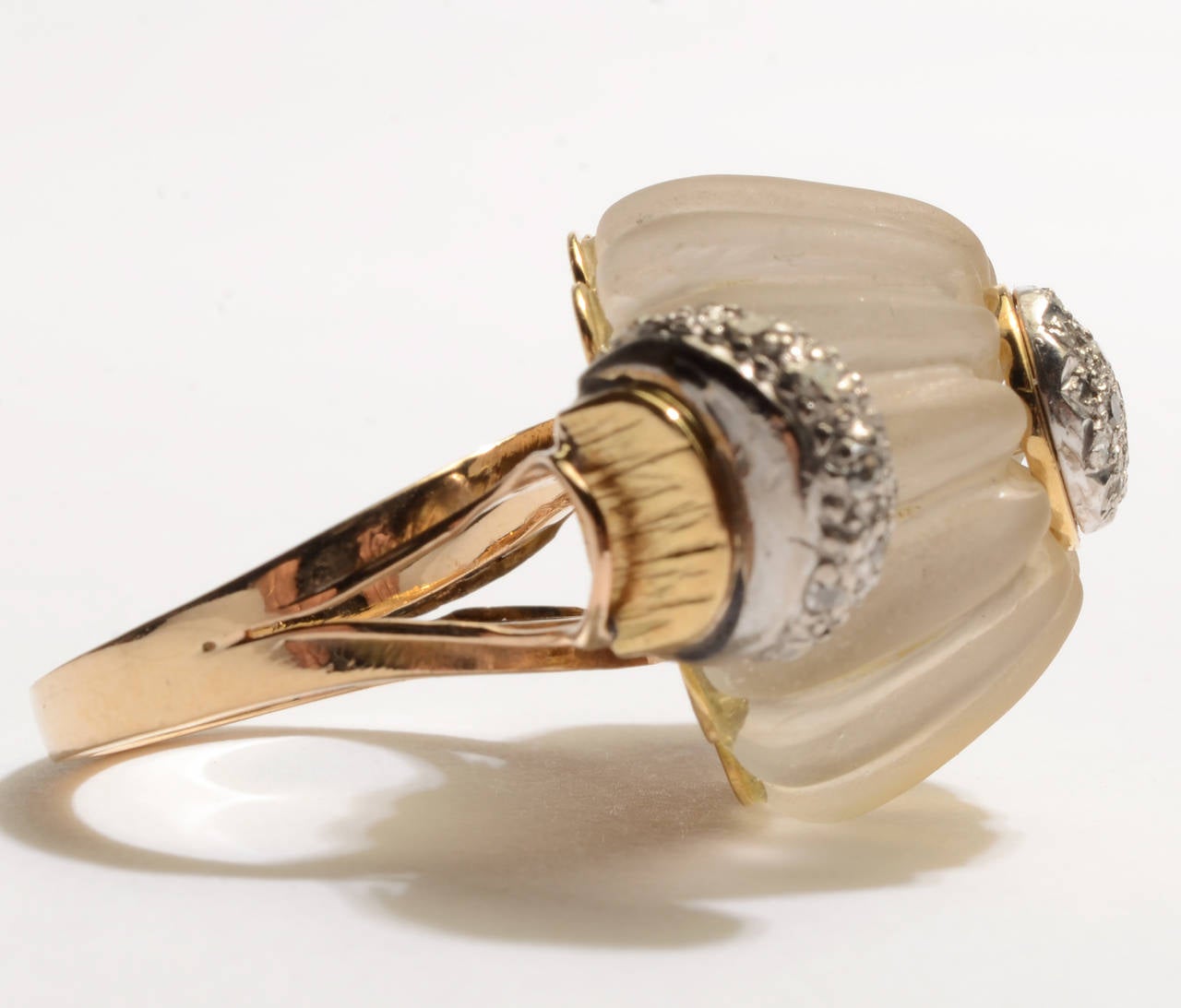 This Retro carved rock crystal  ring with diamonds is a stunner. The dome of the ring measures 9/16