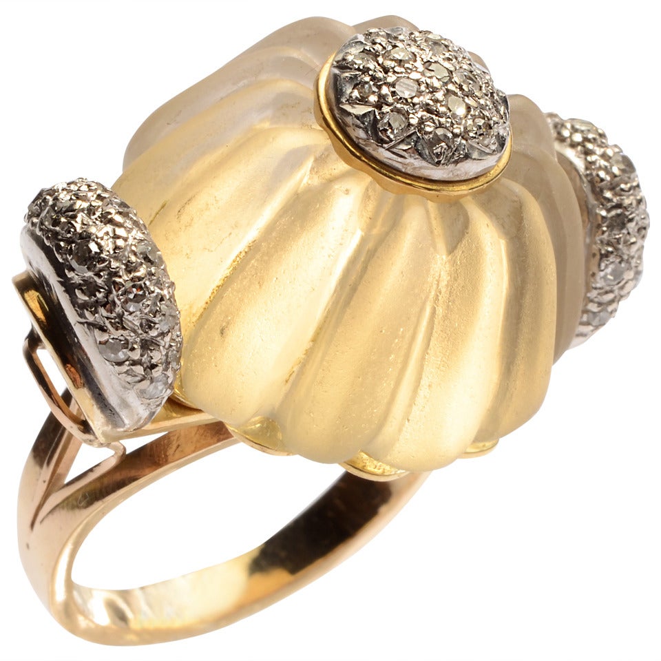Carved Rock Crystal Diamonds Gold Cocktail Ring For Sale