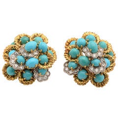 Turquoise Diamond Gold Cluster Earrings