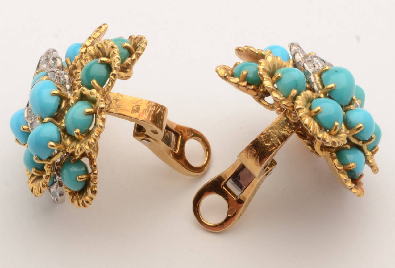 Turquoise Diamond Gold Cluster Earrings In Excellent Condition In Darnestown, MD
