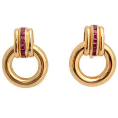 Vintage Faraone Gold and Ruby Hoop Earrings