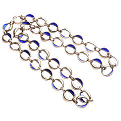 Modernist Blue Enamel Silver Long Chain Necklace