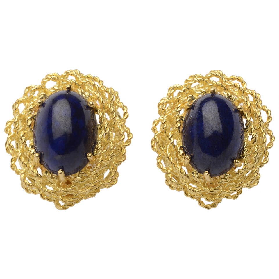 Center drill Lapis Lazuli Earrings 8g-C495 Vintage Carved Lapis Lazuli Round Earrings Pair 14mm