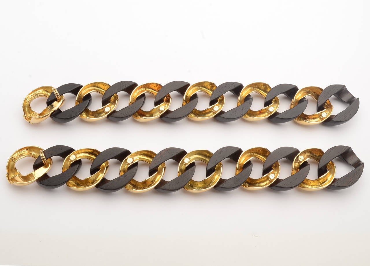 Modern Seaman Schepps Wood and Gold Curbchain Link Bracelets
