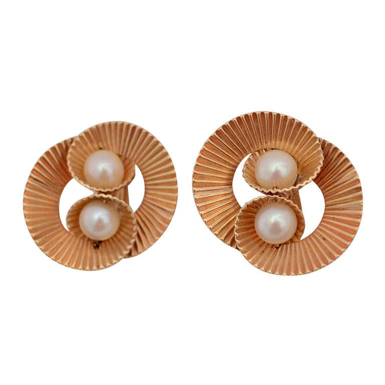 Retro Gold and Pearl Earrings For Sale