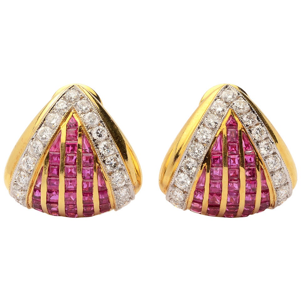 Ruby Diamond Gold Earrings For Sale