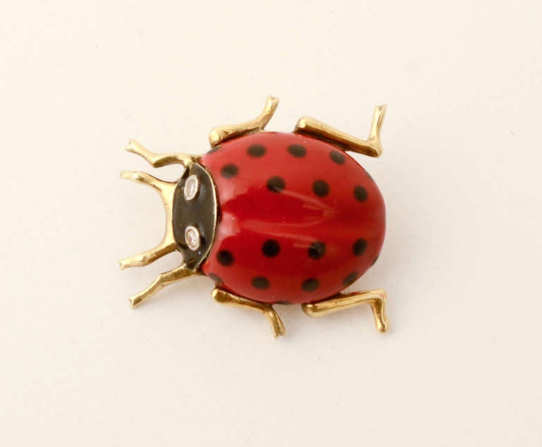 What could be more charming than a Ladybug brooch made by Cartier? It is red and black enamel with diamond eyes and a body and tentacles of 14 karat gold. It can easily be worn by a man or woman.