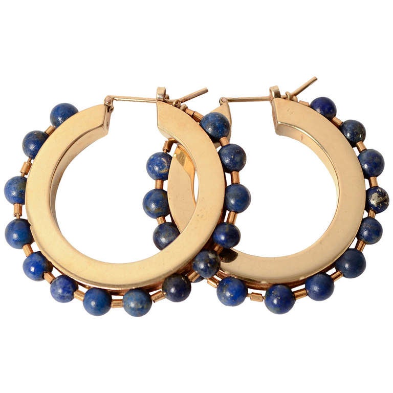 Large Gold Hoop Earrings with Lapis Lazuli