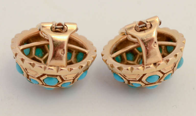 Turquoise Gold Ear Clips In New Condition In Darnestown, MD