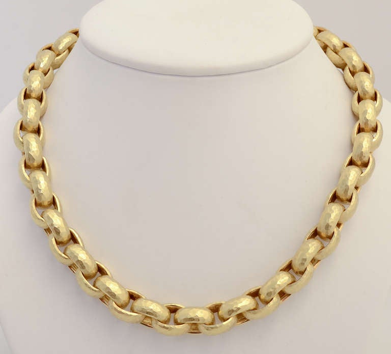 Stunning hammered gold necklace by Paloma Picasso for Tiffany. It is 18 karat gold and weighs a substantial 112 grams. The links are 1/2