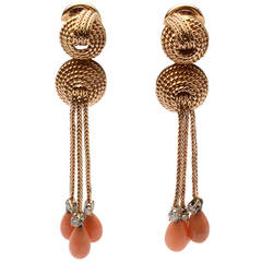 Coral Diamond Gold Dangle Earrings