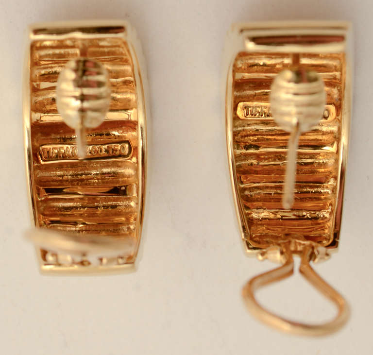 Tiffany & Co. Gold Ridged Half Hoop Earrings In Excellent Condition In Darnestown, MD