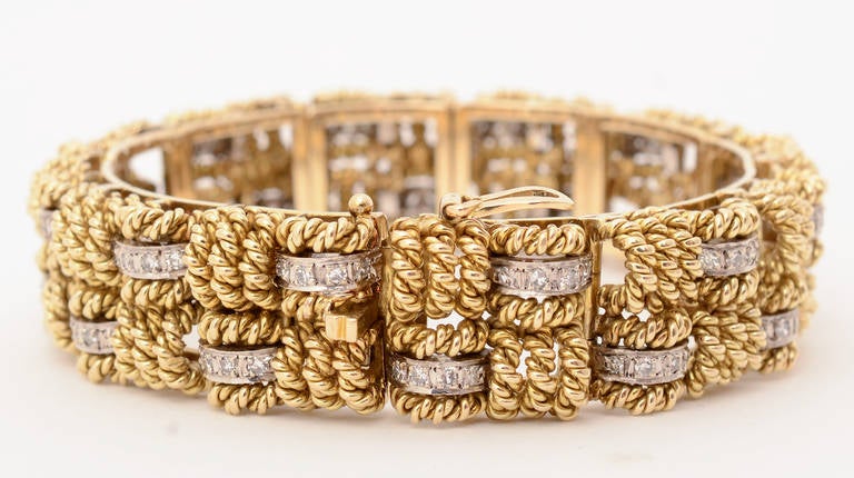 Diamond Gold Basketweave Bracelet In Excellent Condition In Darnestown, MD
