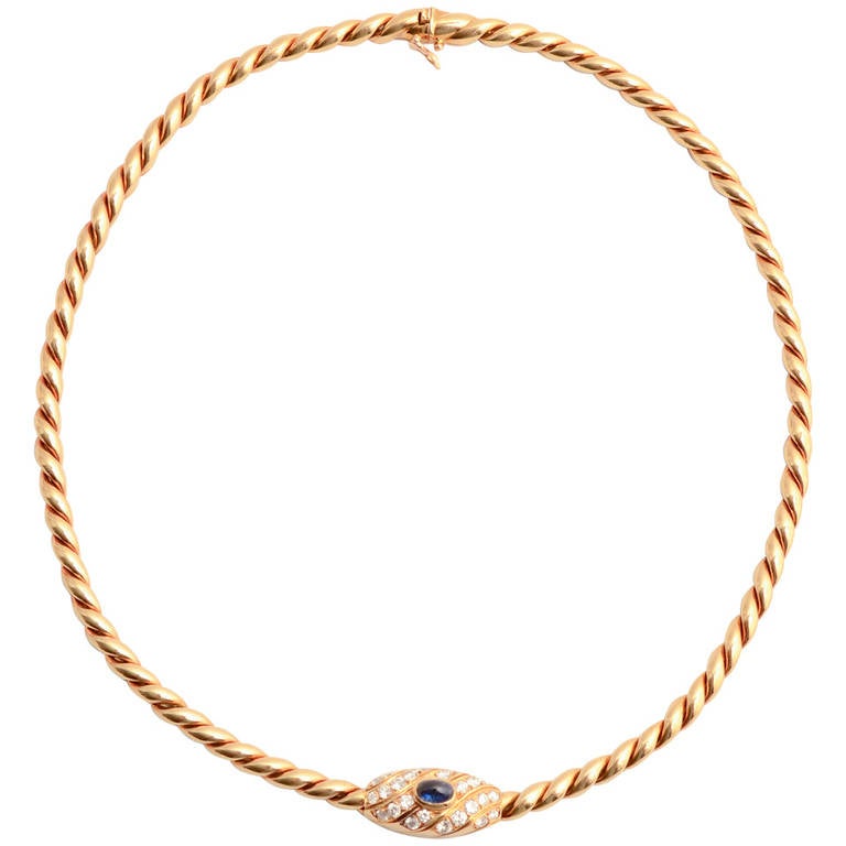 Van Cleef & Arpels Sapphire Diamond Gold Twisted Rope Choker Necklace