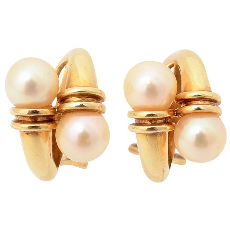 Pearl and Gold Crossover Earrings For Sale