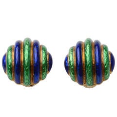 Blue and Green Enamel Gold Earclips
