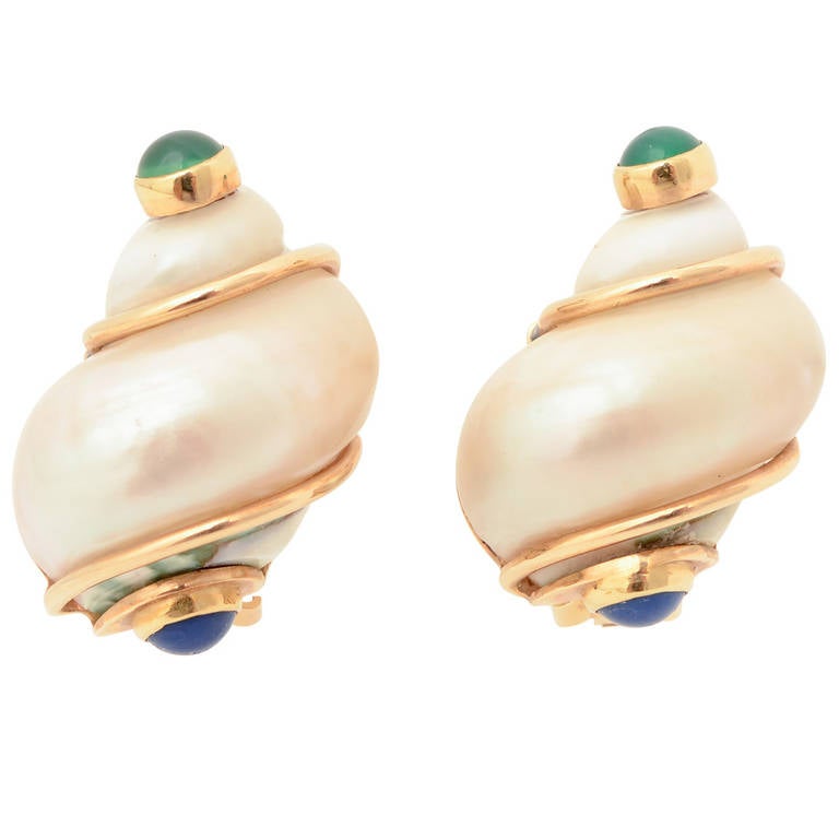 Seaman Schepps Lapis Lazuli Emerald Shell Earrings