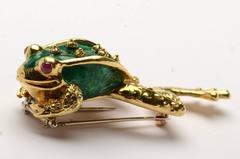 Boris Le Beau Enamel Ruby Gold Frog Brooch