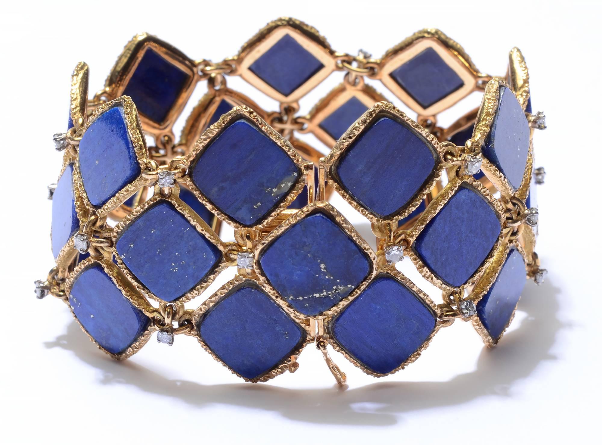 This unusual lapis lazuli bracelet is made of squares on point highlighted with 25 diamonds. Each lapis stone is set within a textured gold frame. The intersection of each has a .05 carat diamond for a touch of bling. The bracelet measures 1 3/8