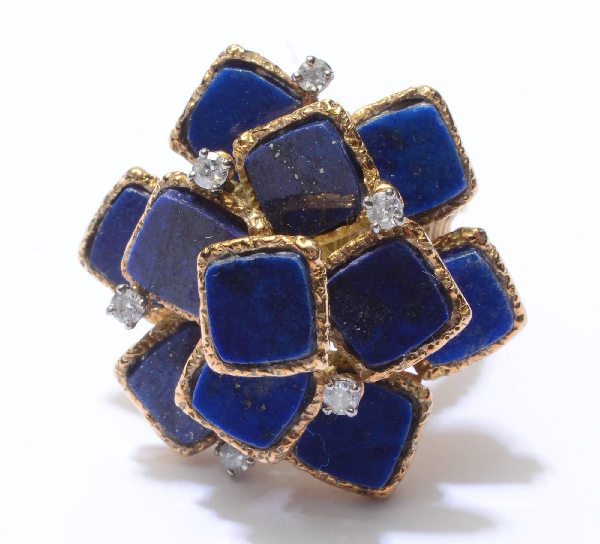 Lapis and Diamond Gold Ring In Excellent Condition In Darnestown, MD