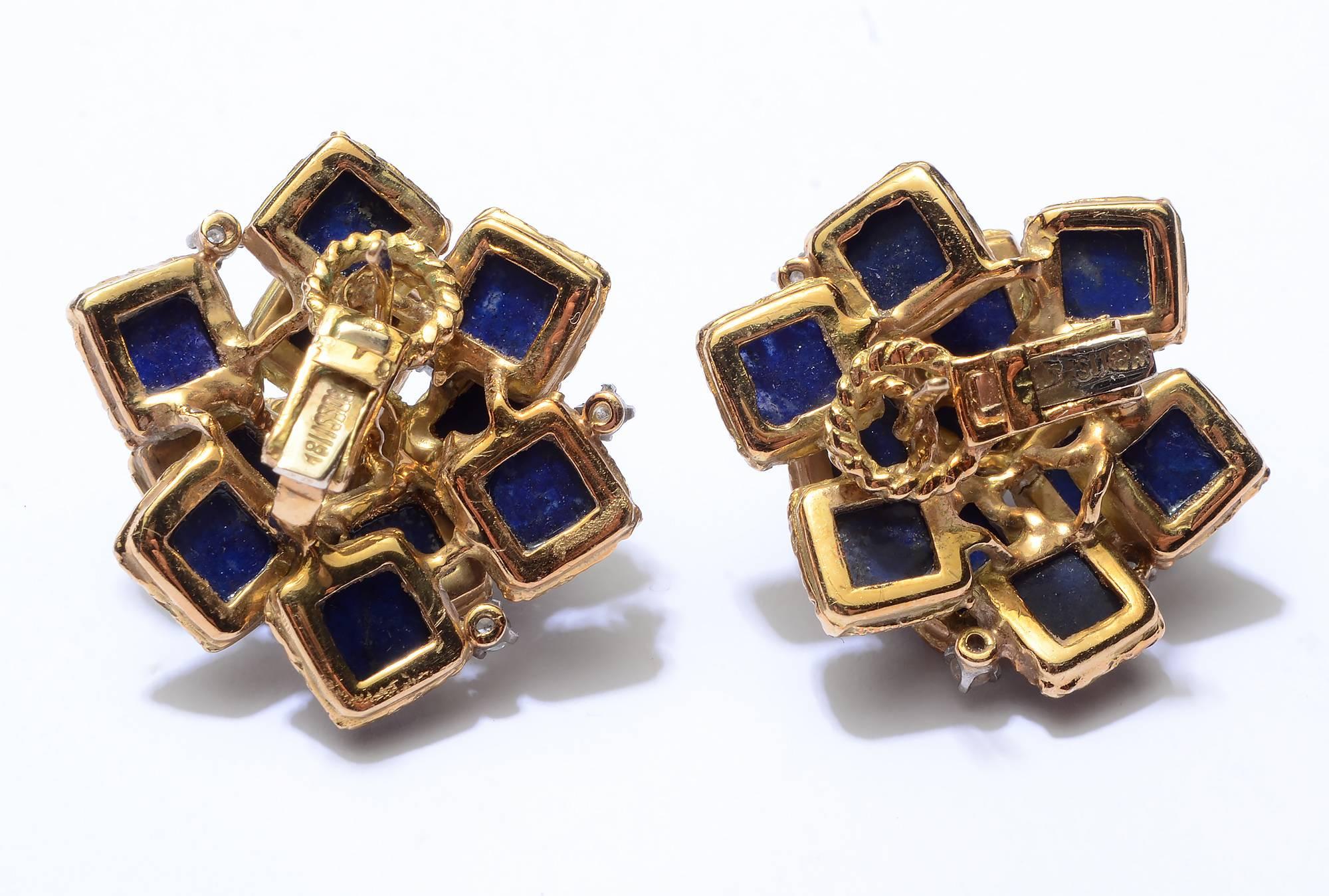 Lapis Lazuli Gold Earrings with Diamonds In Excellent Condition In Darnestown, MD