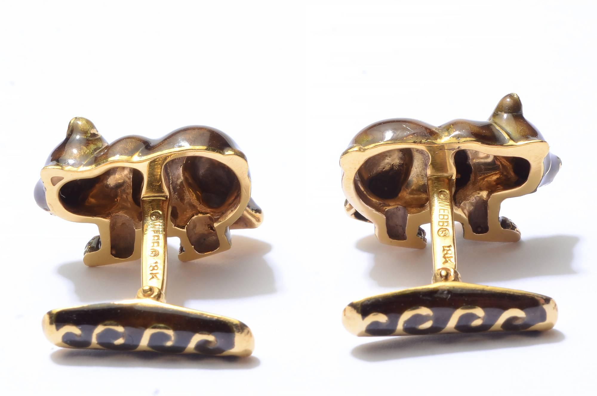 Brown bear enamel cufflinks by David Webb are perfect miniature sculptures. The gleaming eyes are diamonds. The toggle is beautifully decorated. For the stock trader, these cufflinks are the natural counterpoint to item LU1331431333, the Webb Bear