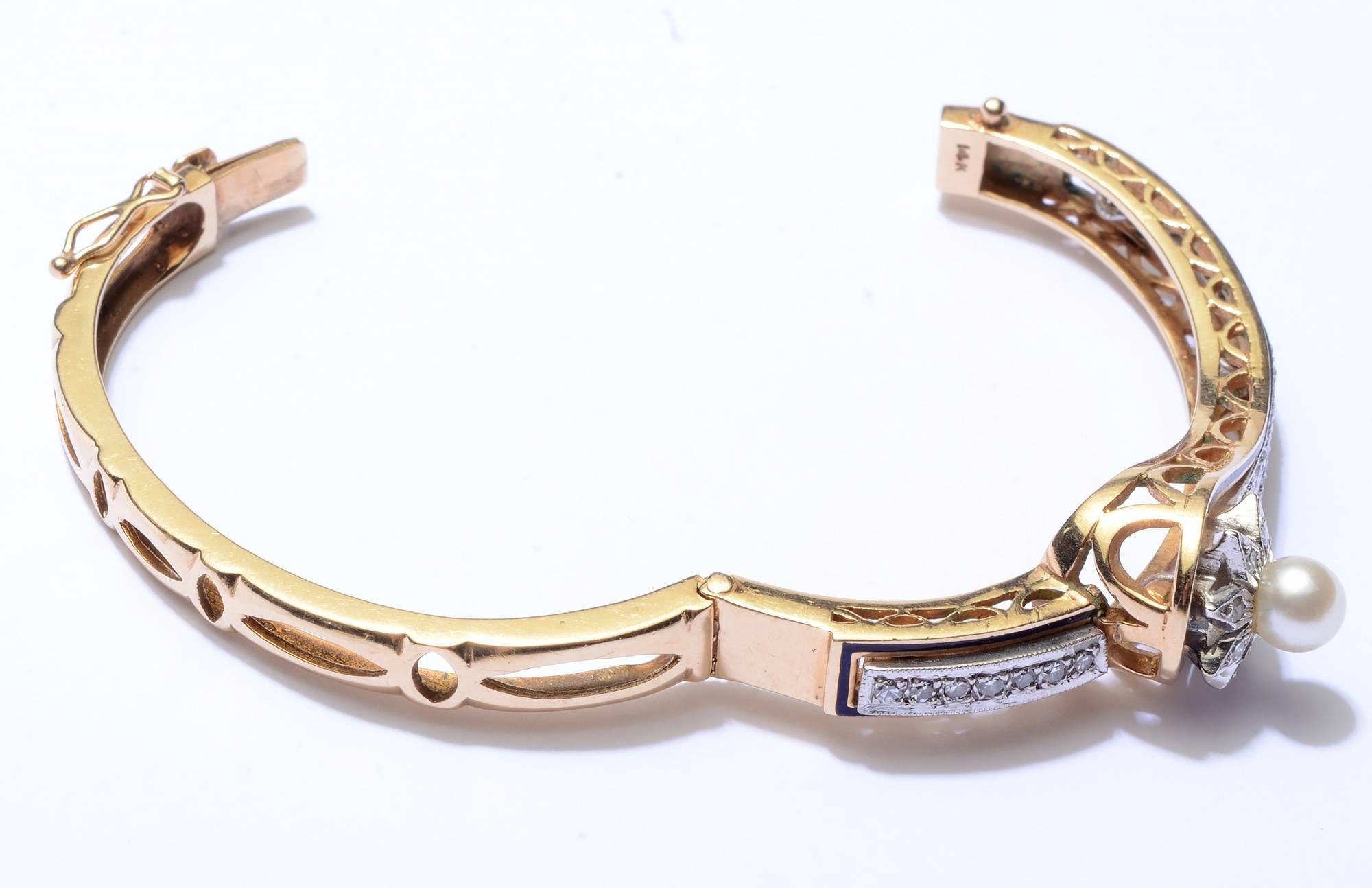 1930s Enamel Pearl Diamond Gold Bangle Bracelet In Excellent Condition In Darnestown, MD
