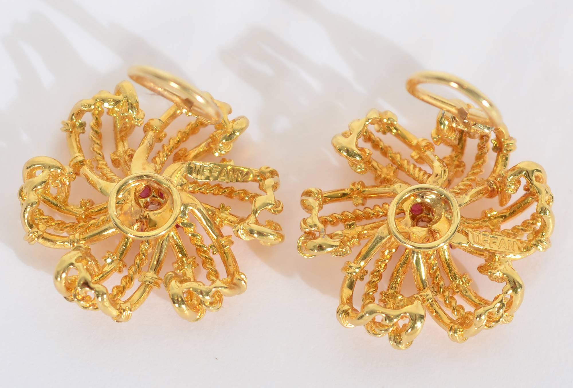 Tiffany & Co. Ruby Diamond Gold Swirling Star Earrings  In Excellent Condition In Darnestown, MD