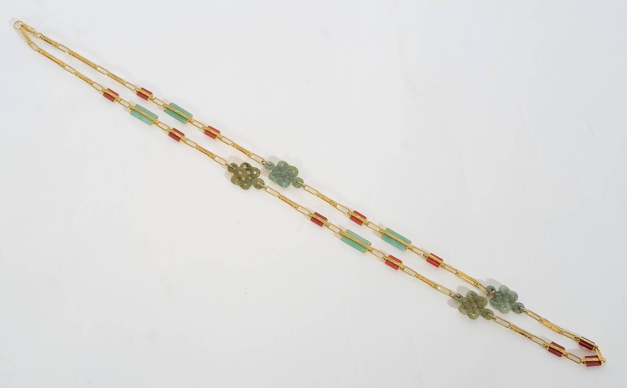 Jade Carnelian Gold Long Chain Necklace In Excellent Condition For Sale In Darnestown, MD