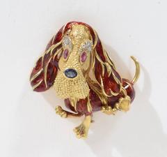 Frascarolo Enamel Gemstone Gold Basset Hound Brooch