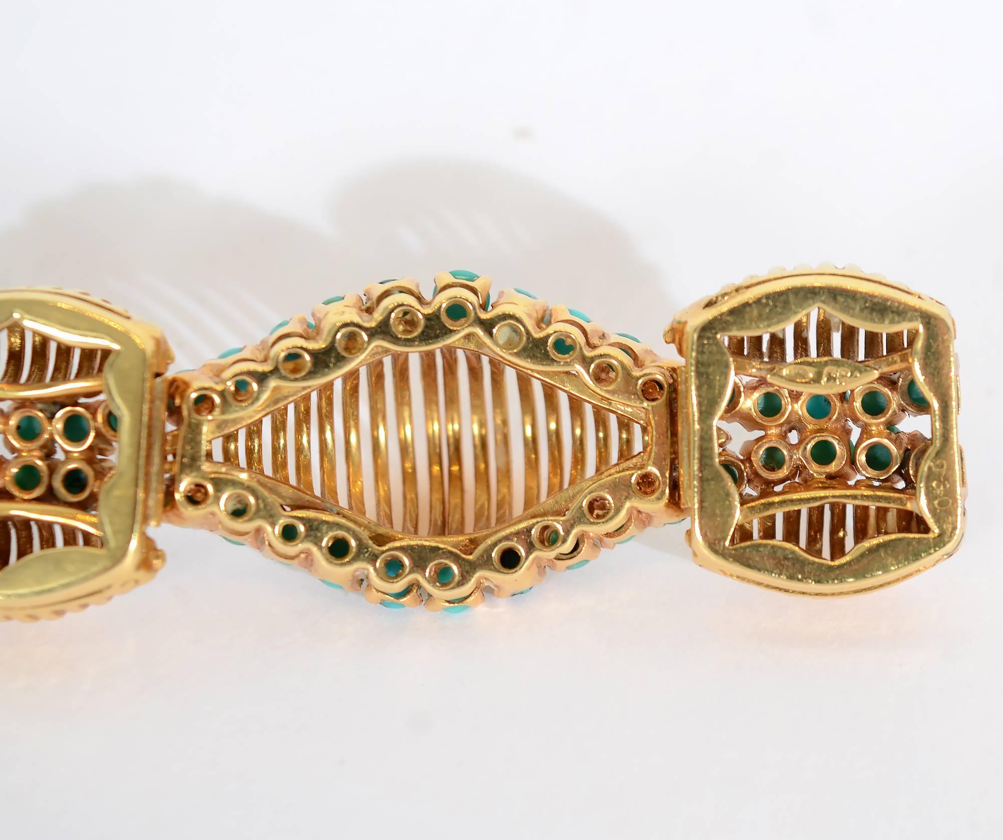 Modernist Turquoise Gold Bracelet In Excellent Condition In Darnestown, MD