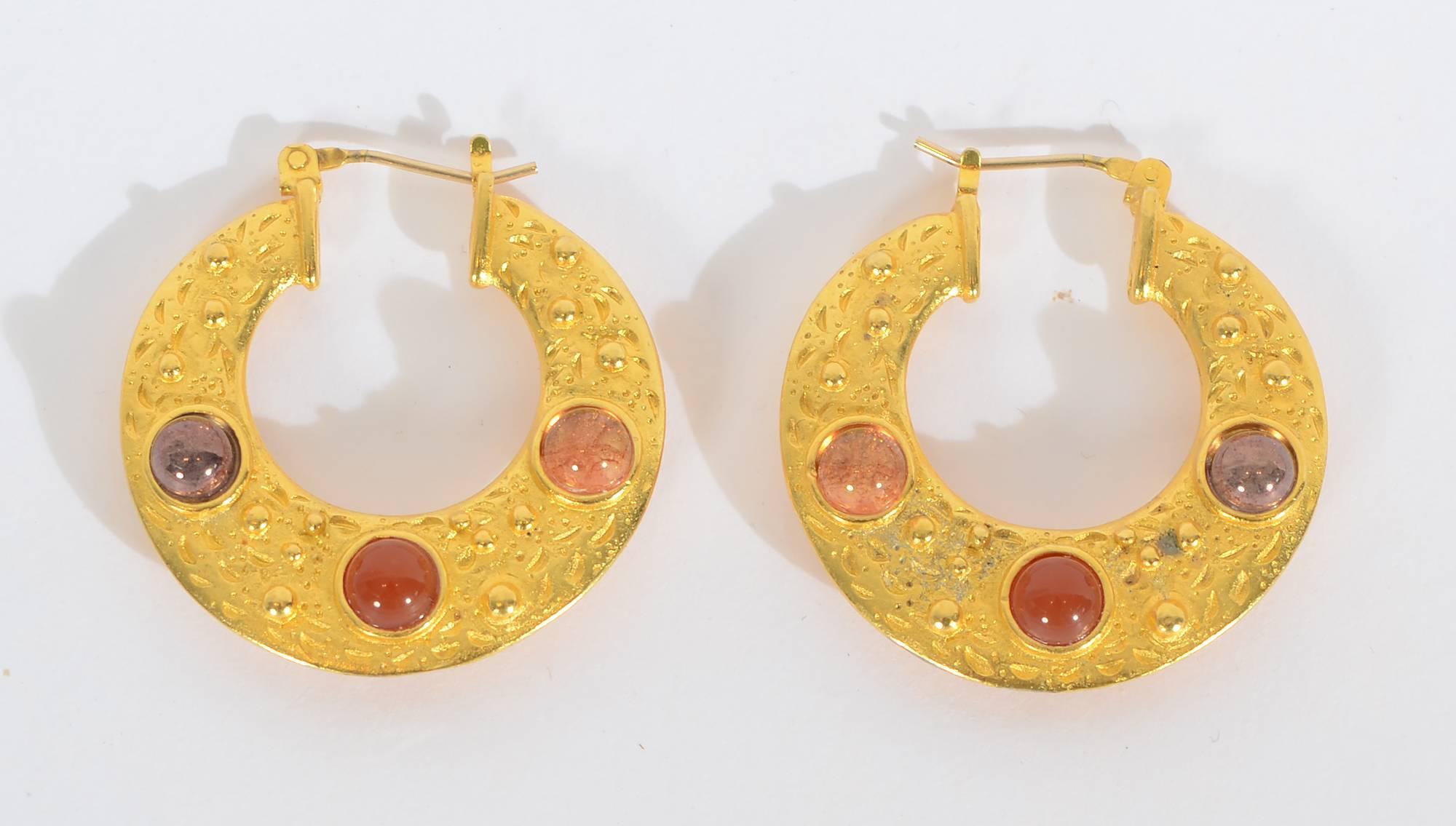 Gemstone Gold Hoop Earrings In Excellent Condition In Darnestown, MD