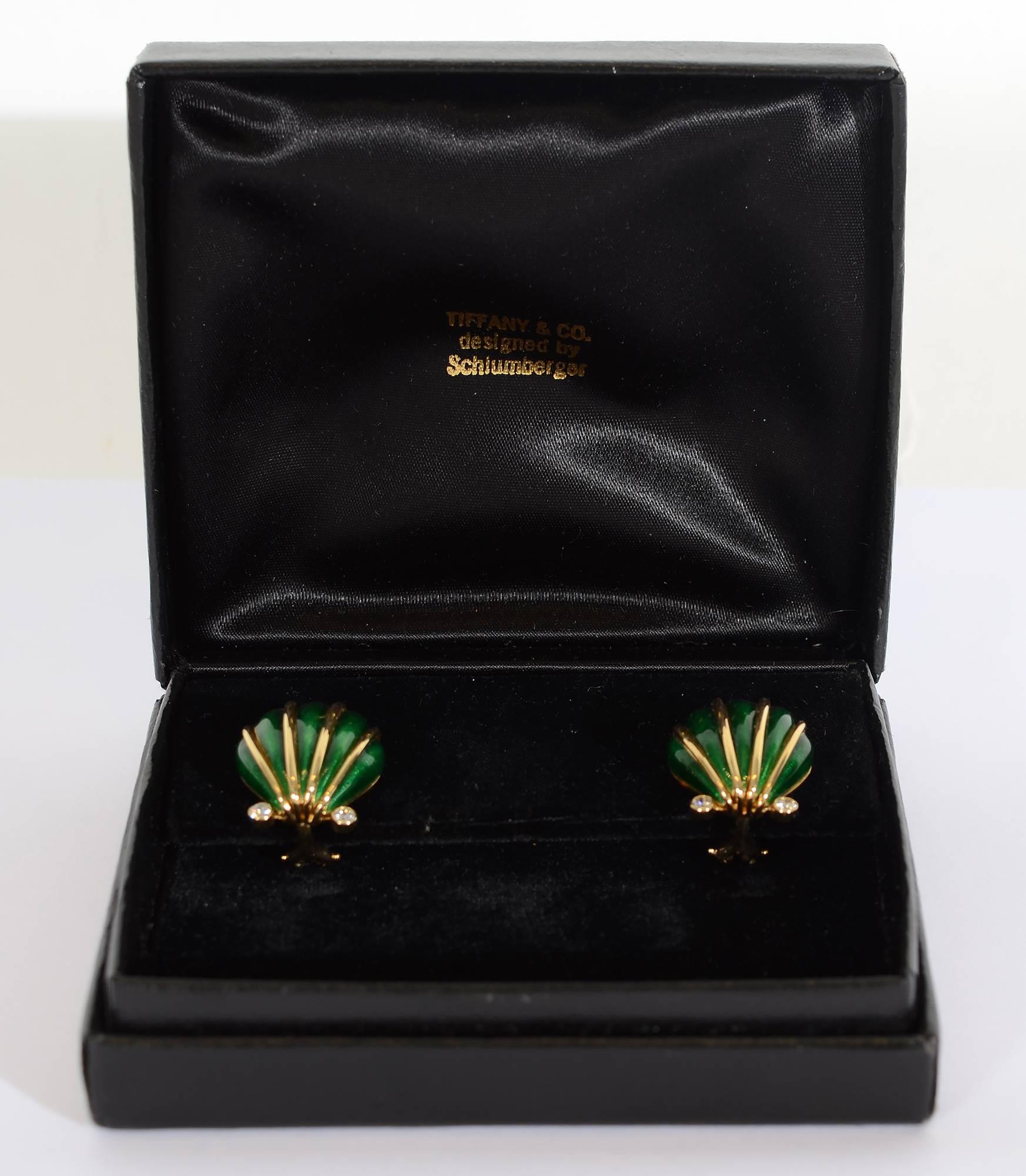 The addition of diamonds makes these Schlumberger enamel shell shaped earrings dressier than usual. Measurements are 13/16