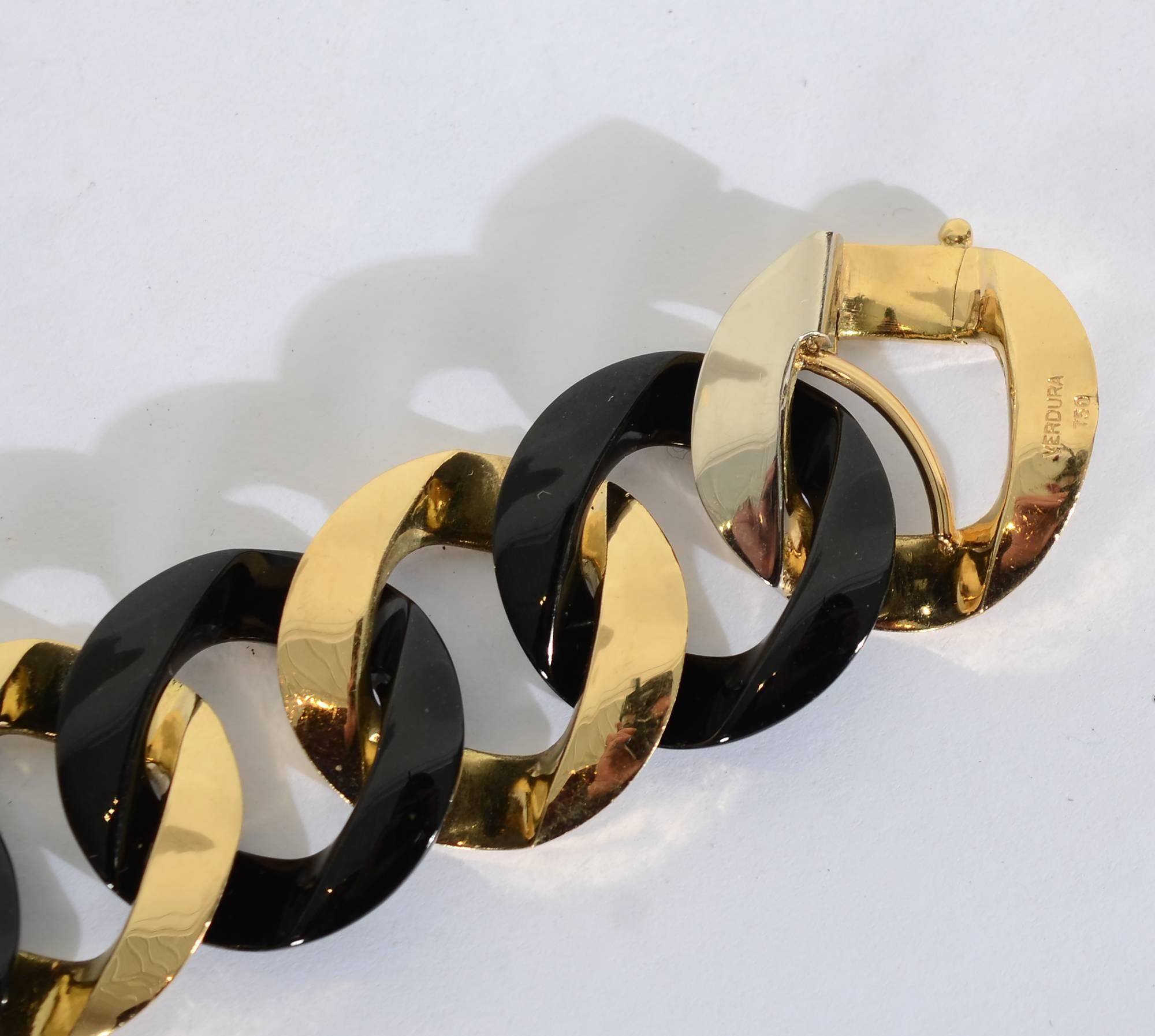 Women's 1980s Verdura Black Jade Gold Curbchain Link Bracelet