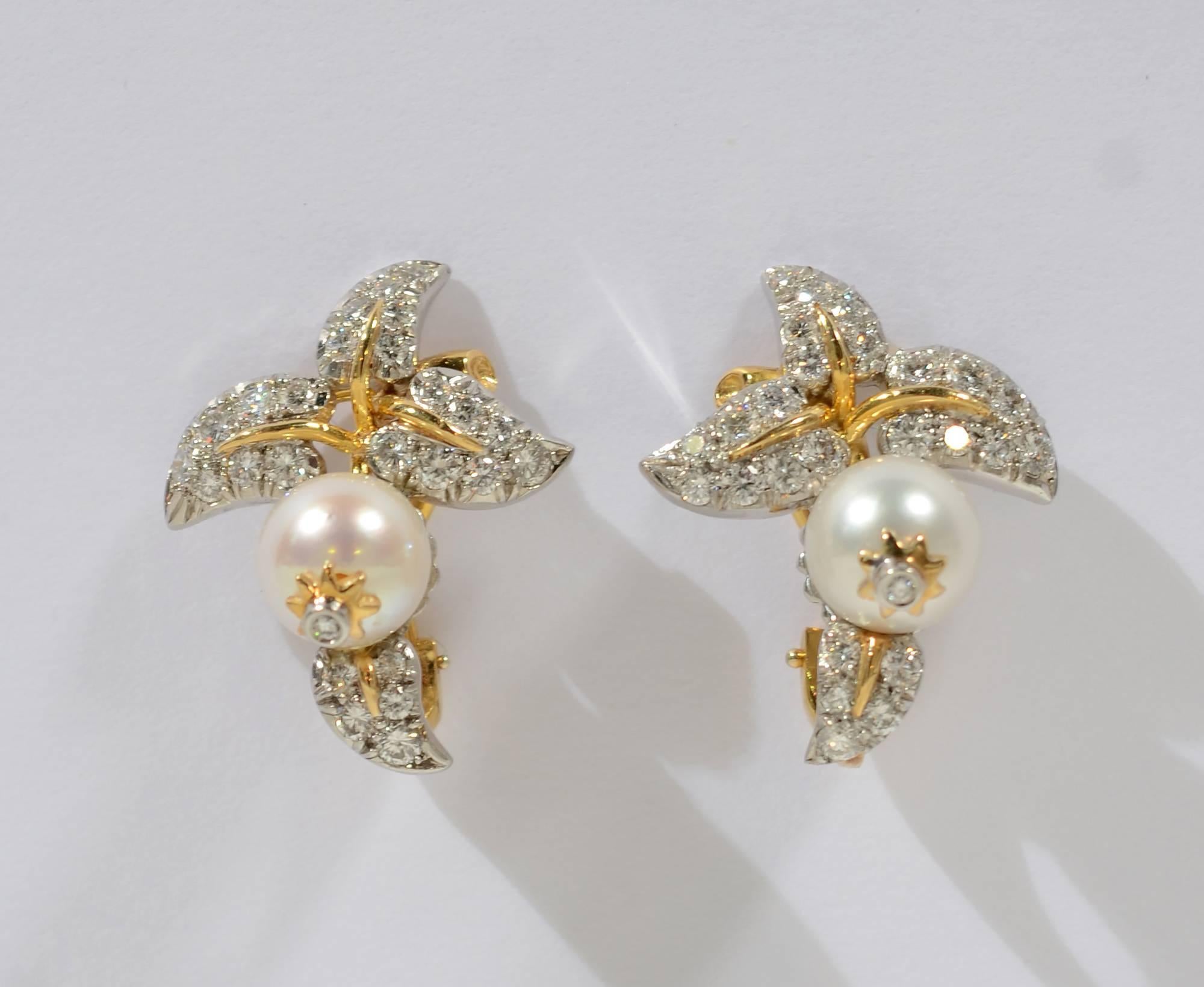 Elegant diamond and pearl earrings by Schlumberger to Tiffany. The pearls are a berry or blossom on the diamond leaves. There are 50 diamonds set in platinum that weigh a total of approximately 2 carats. They are G-H color and VS clarity. 
The