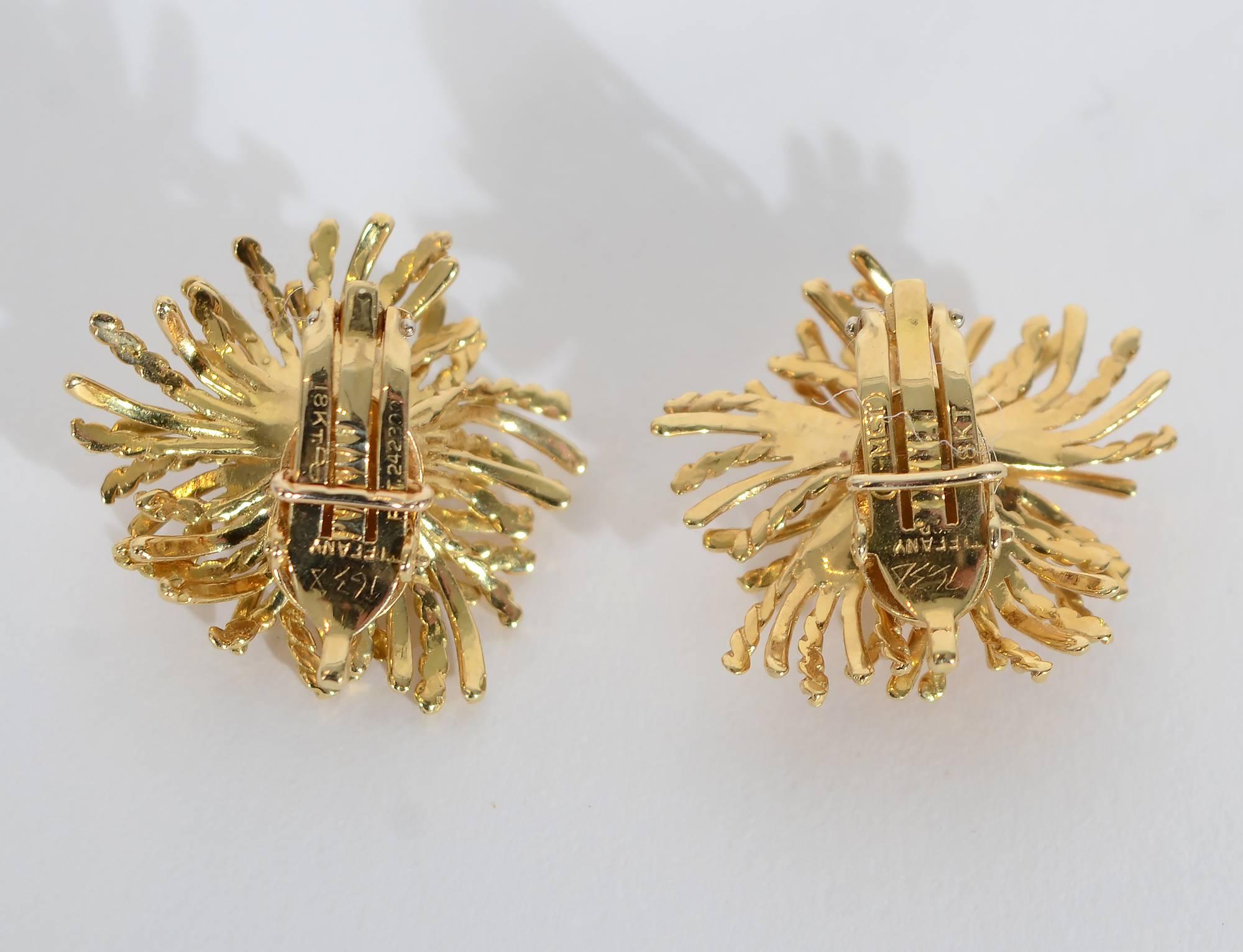 Spikey gold ear clips by Tiffany in a design that resembles that resemble sea anemones. High gloss and twisted gold wires alternate to add dimension to this very sculptural form. Clip backs can be converted to posts.