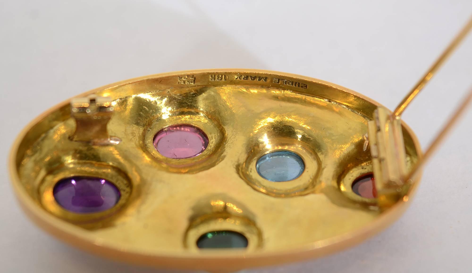 Modernist Burle Marx Oval Gemstone Gold Brooch