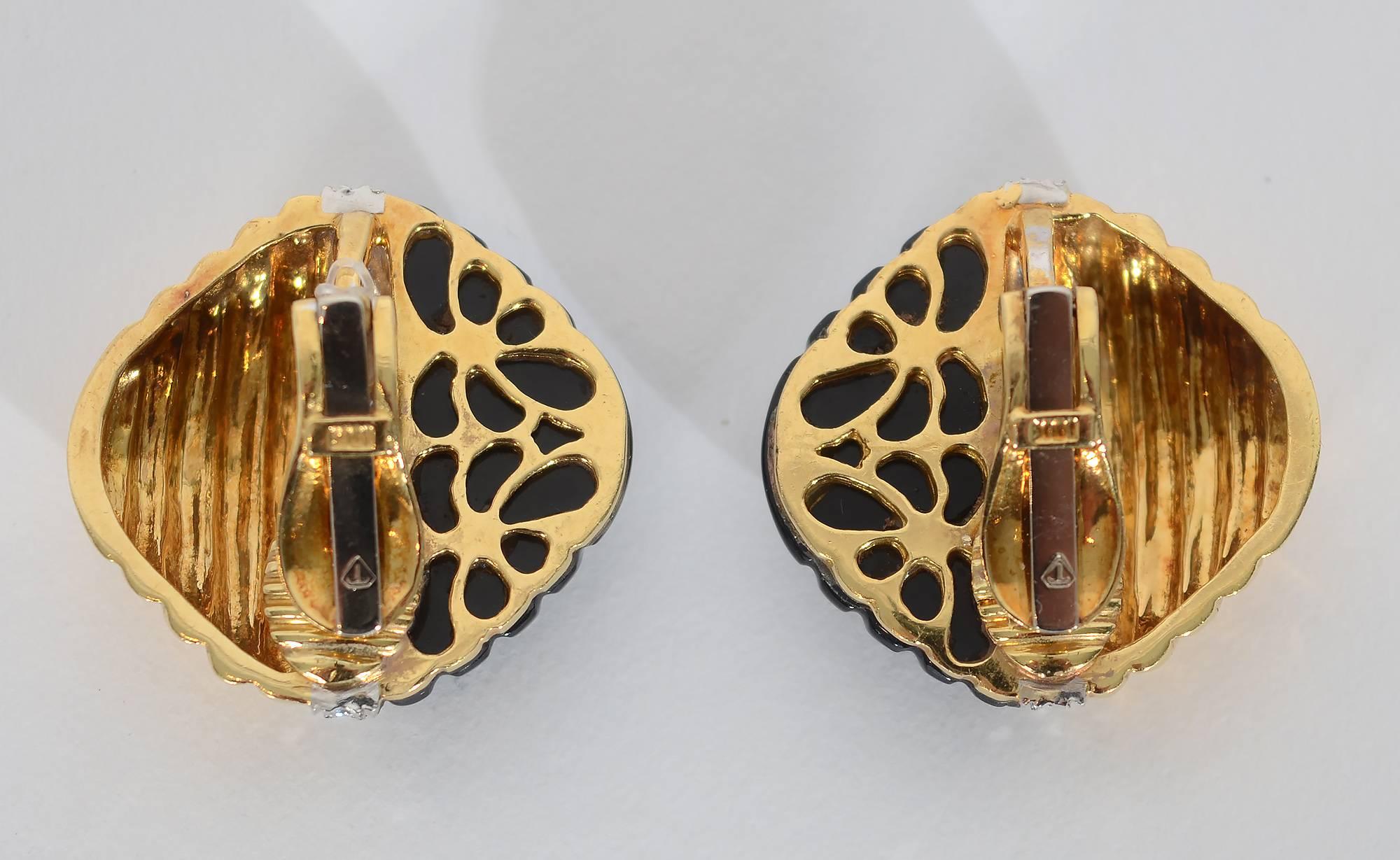 Trianon Carved Onyx Diamond Gold Ear Clips In Excellent Condition In Darnestown, MD