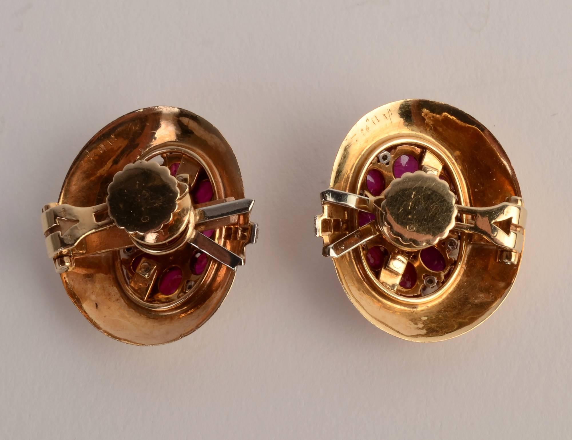 Retro Trabert and Hoeffer Mauboussin Ruby Gold Earrings In Excellent Condition In Darnestown, MD