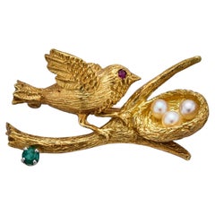 Bird Brooch with Eggs in Nest