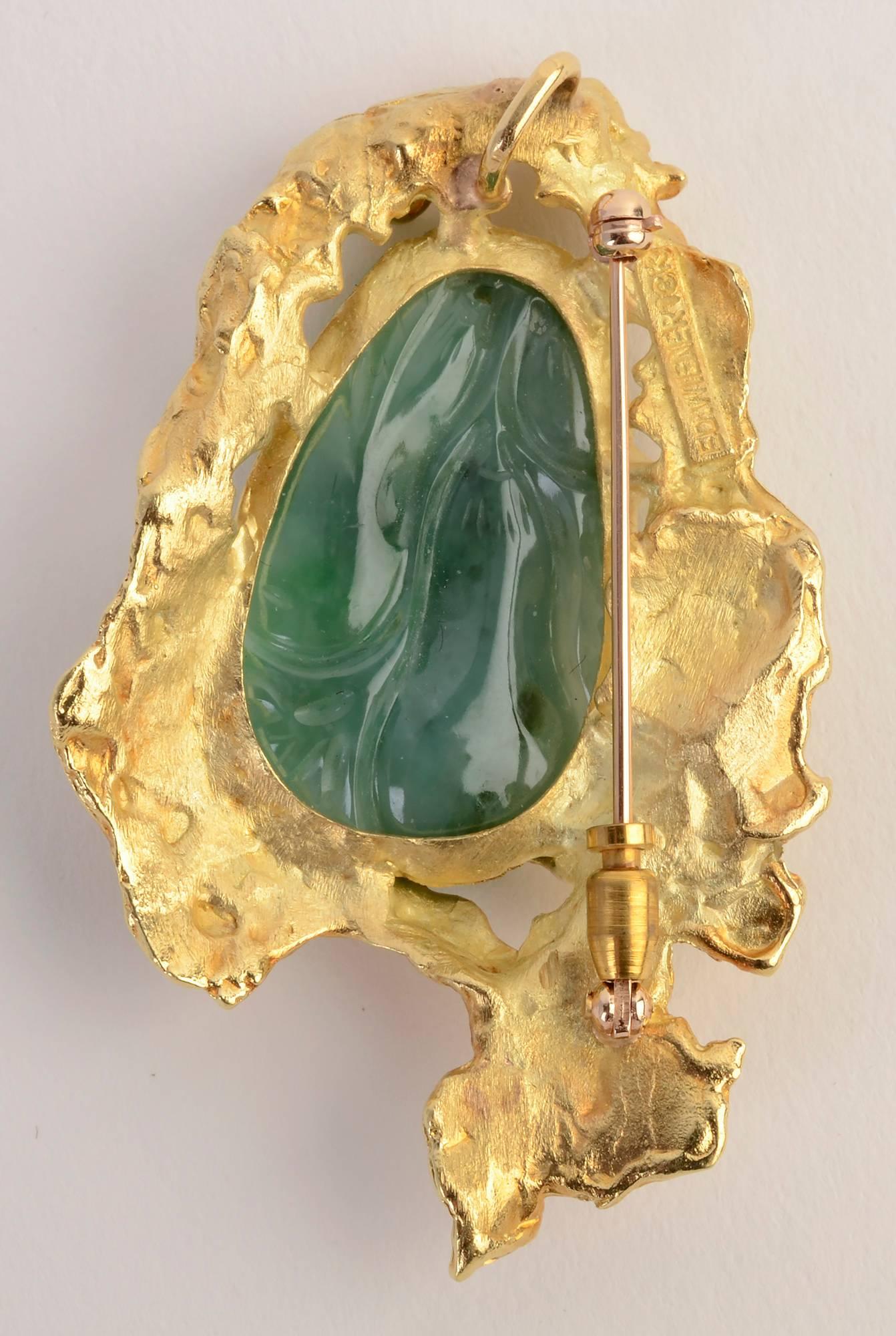 Ed Wiener Carved Jade Pendant Brooch In Excellent Condition In Darnestown, MD