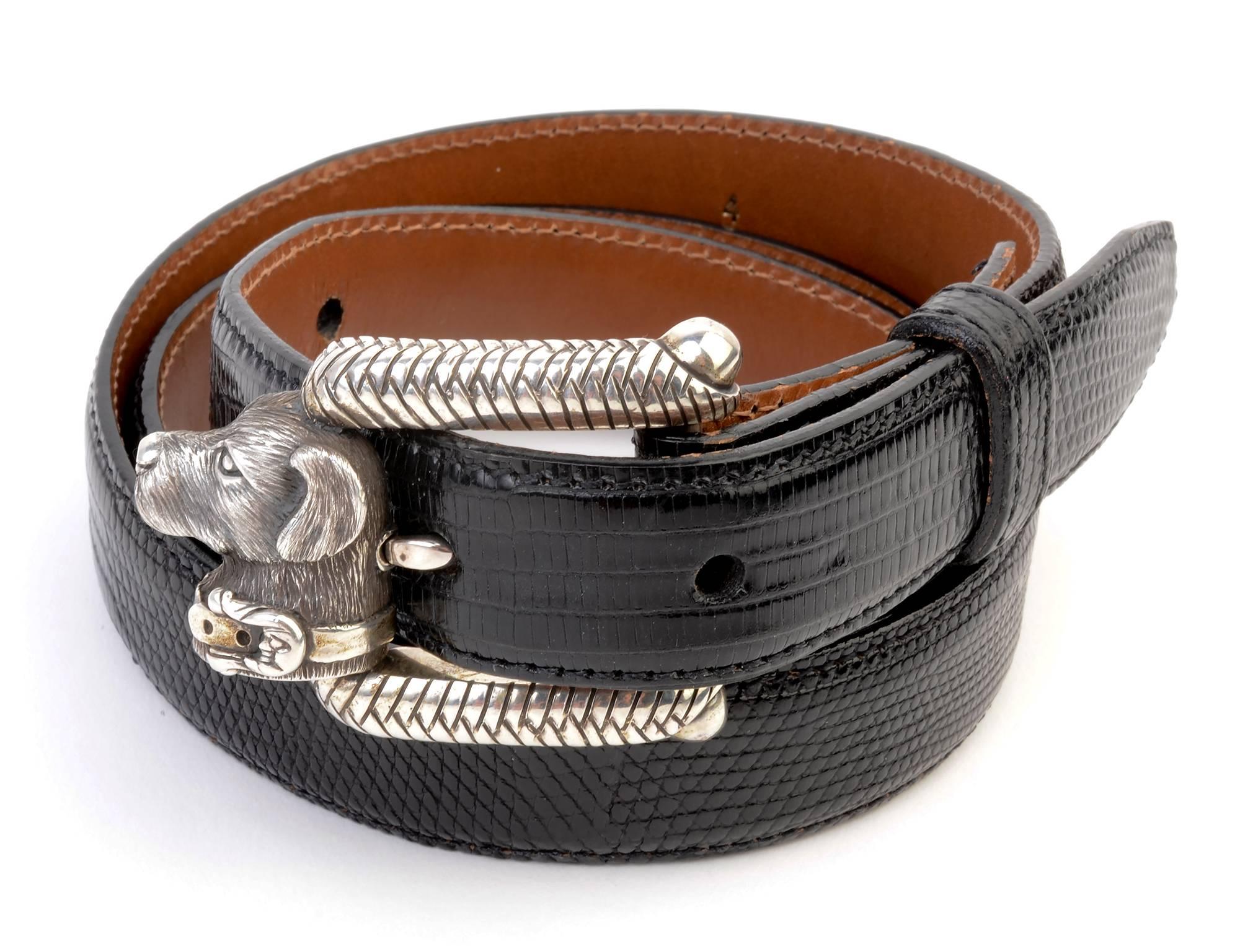 Barry Kieselstein Cord unusual sterling silver belt buckle of a Labrador Retriever. It is beautifully textured . A droll touch is the man in the moon on the collar which is one of Kieselstein Cord's iconic images. The buckle is on the original black
